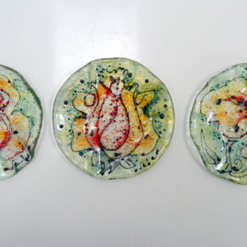 Malerei mit dem Titel "Rose plates- 3 peac…" von Oksana Veber, Original-Kunstwerk, Glas