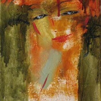 Painting titled "Portrait in a red h…" by Oksana Veber, Original Artwork, Oil Mounted on Wood Stretcher frame