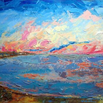 Painting titled "Sunset in Tenerife" by Oksana Veber, Original Artwork, Oil Mounted on Wood Stretcher frame