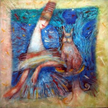 Malerei mit dem Titel "Lady and a Cat" von Oksana Veber, Original-Kunstwerk, Acryl Auf Keilrahmen aus Holz montiert