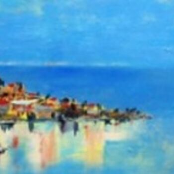 Painting titled "Croatian Island" by Oksana Veber, Original Artwork, Oil Mounted on Wood Stretcher frame