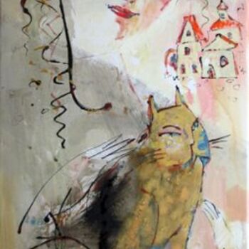 Peinture intitulée "Girl with a Cat" par Oksana Veber, Œuvre d'art originale, Huile Monté sur Châssis en bois