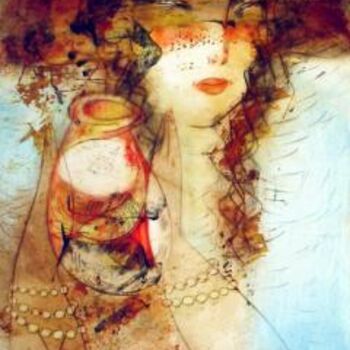 Painting titled "Girl with the aquar…" by Oksana Veber, Original Artwork, Oil Mounted on Cardboard