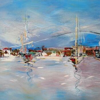 Painting titled "Resting Yachts" by Oksana Veber, Original Artwork, Oil Mounted on Wood Stretcher frame