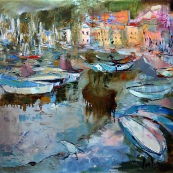 Pittura intitolato "Fishing boats in Ko…" da Oksana Veber, Opera d'arte originale, Olio
