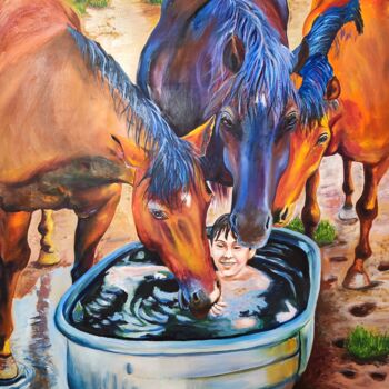 Pittura intitolato "Watering and horses" da Oksana Zaskotska, Opera d'arte originale, Olio