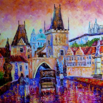 Malarstwo zatytułowany „City of Prague” autorstwa Oksana Zolotova, Oryginalna praca, Olej Zamontowany na Drewniana rama noszy