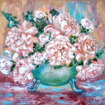 「Peonies in a green…」というタイトルの絵画 Oksana Zolotovaによって, オリジナルのアートワーク, オイル ウッドストレッチャーフレームにマウント