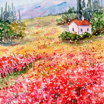 Pintura intitulada "Landscape. Poppy fi…" por Oksana Zolotova, Obras de arte originais, Aquarela