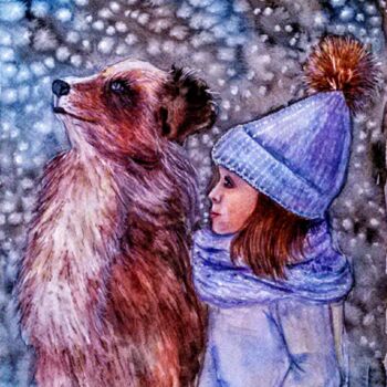 Картина под названием "A girl and a puppy" - Oksana Zolotova, Подлинное произведение искусства, Акварель