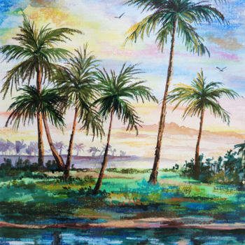 Schilderij getiteld "Hawaii Palm Tree Pa…" door Oksana Pritula, Origineel Kunstwerk, Acryl