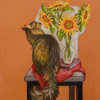 Drawing titled "Cat in sunflowers" by Oksana Muzyka, Original Artwork, Pastel