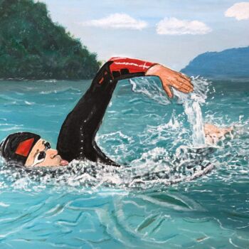 Painting titled "Swimmer" by Olga Karlina (Olga Karlina), Original Artwork, Oil