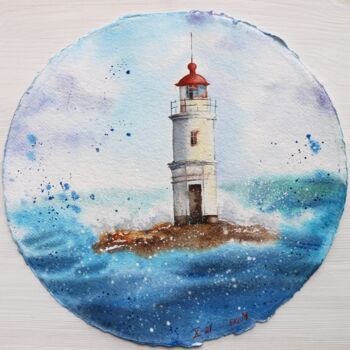 Painting titled "Lighthouse perched…" by Evgeniya Mokeeva, Original Artwork, Watercolor