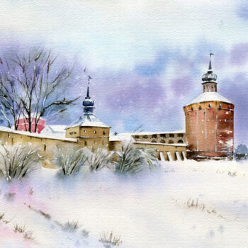 Schilderij getiteld "Snowy landscape wit…" door Evgeniya Mokeeva, Origineel Kunstwerk, Aquarel