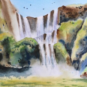 Painting titled "Waterfall. Summer l…" by Evgeniya Mokeeva, Original Artwork, Watercolor