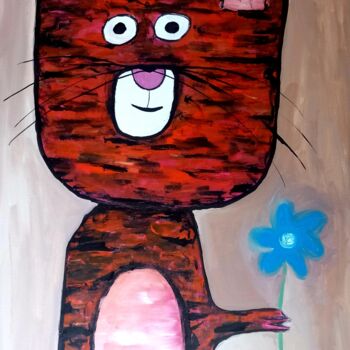 Malerei mit dem Titel "Katze mit Blume" von Ole Müller, Original-Kunstwerk, Acryl Auf Keilrahmen aus Holz montiert