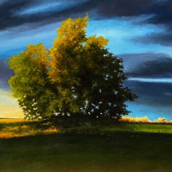 Painting titled "Landscape with a tr…" by Oleg Baulin, Original Artwork, Oil Mounted on Wood Stretcher frame