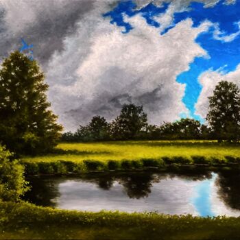 Painting titled "AT THE POND" by Oleg Baulin, Original Artwork, Oil Mounted on Wood Stretcher frame