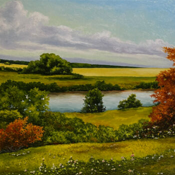 Painting titled "Autumn in orange co…" by Oleg Baulin, Original Artwork, Oil Mounted on Wood Stretcher frame