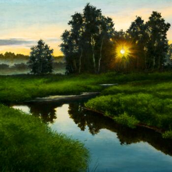 Painting titled "Silent dawn" by Oleg Baulin, Original Artwork, Oil Mounted on Wood Stretcher frame