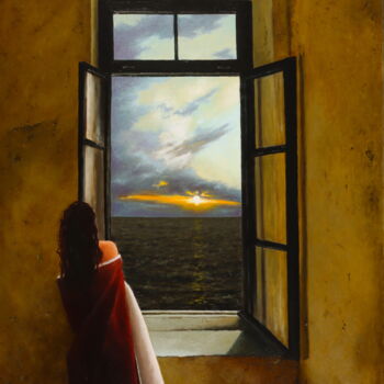 Schilderij getiteld "Open window" door Oleg Baulin, Origineel Kunstwerk, Olie Gemonteerd op Frame voor houten brancard