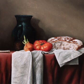 Painting titled "Bread with garlic" by Oleg Baulin, Original Artwork, Oil Mounted on Wood Stretcher frame