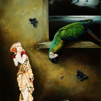 Painting titled "The unexpected guest" by Oleg Baulin, Original Artwork, Oil Mounted on Wood Stretcher frame