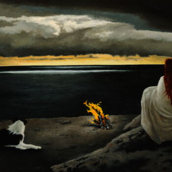 Painting titled "The fire" by Oleg Baulin, Original Artwork, Oil Mounted on Wood Stretcher frame