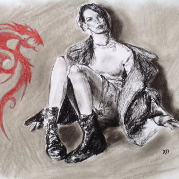 Drawing titled "A sitting girl and…" by Oleg Khe, Original Artwork, Charcoal
