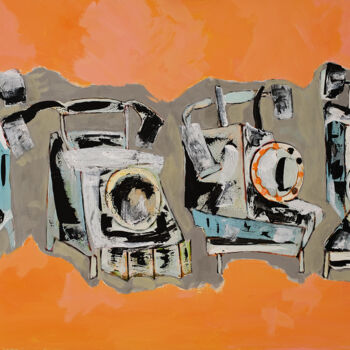 Pittura intitolato "Phones on an orange…" da Oleg Kaplan, Opera d'arte originale, Acrilico