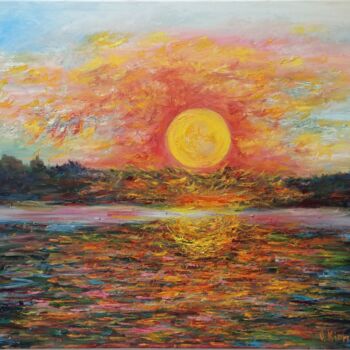 Pintura titulada "Spring sunset over…" por Oleg Kirnos, Obra de arte original, Oleo