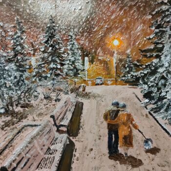 Картина под названием "Ночь. Улица.Фонарь.…" - Олег Осипов, Подлинное произведение искусства, Масло