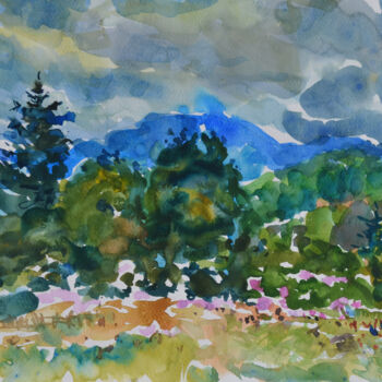 Painting titled "Landscape in the mo…" by Oleksandr Desiat, Original Artwork, Watercolor