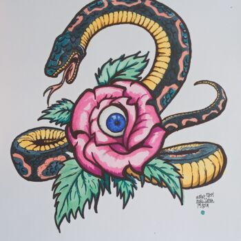 Dessin intitulée "Snake and Rose" par Oleksandr Koval, Œuvre d'art originale, Marqueur