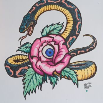 Dibujo titulada "Snake and Rose" por Oleksandr Koval, Obra de arte original, Rotulador