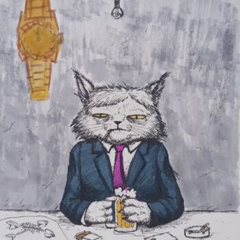 Painting titled "Tired office cat" by Oleksandr Koval, Original Artwork, Marker