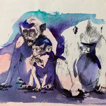 Peinture intitulée "Monkeys" par Oleksandra Belyaeva, Œuvre d'art originale, Aquarelle