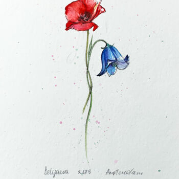 Malerei mit dem Titel "poppy and bellflower" von Oleksandra Bieliaieva, Original-Kunstwerk, Aquarell