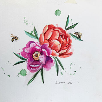 Malerei mit dem Titel "peonies and bees" von Oleksandra Bieliaieva, Original-Kunstwerk, Aquarell