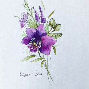 「bouquet with purple…」というタイトルの絵画 Олександра Бєляєваによって, オリジナルのアートワーク, 水彩画