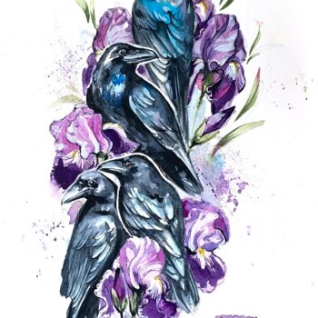 Peinture intitulée "crows" par Oleksandra Belyaeva, Œuvre d'art originale, Aquarelle