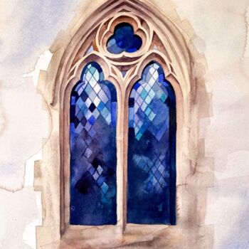 Pintura titulada "Deep Blue Window" por Oleksandra Hoha, Obra de arte original, Acuarela