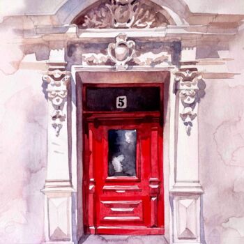 Schilderij getiteld "Red door" door Oleksandra Hoha, Origineel Kunstwerk, Aquarel
