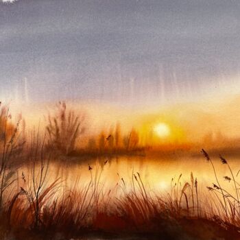 Ζωγραφική με τίτλο "Sunset over the riv…" από Oleksandra Hoha, Αυθεντικά έργα τέχνης, Ακουαρέλα