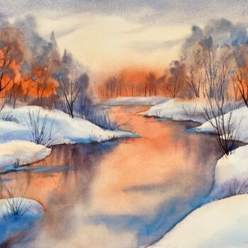 Painting titled "Peachy winter" by Oleksandra Hoha, Original Artwork, Watercolor