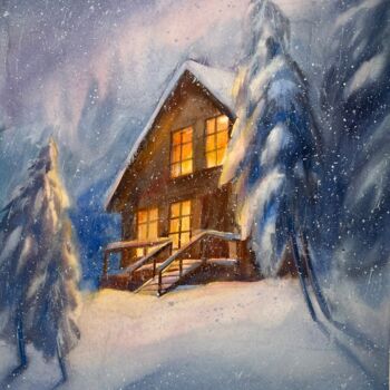 Schilderij getiteld "Snowy night" door Oleksandra Hoha, Origineel Kunstwerk, Aquarel