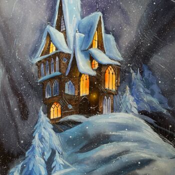 Картина под названием "Fairytale Winter Ca…" - Oleksandra Hoha, Подлинное произведение искусства, Акварель