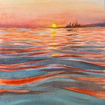 Peinture intitulée "Sunset on Liski bea…" par Oleksandra Padushyna, Œuvre d'art originale, Aquarelle