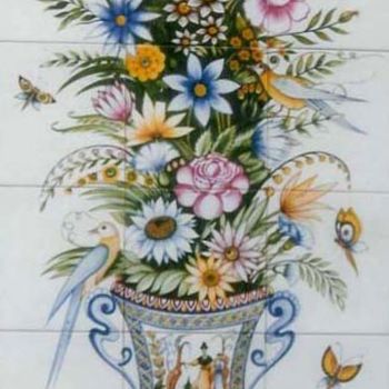 Pintura titulada "Jarrão de Flores (o…" por Olen, Obra de arte original, Vidrieras de pintura Montado en Panel de madera